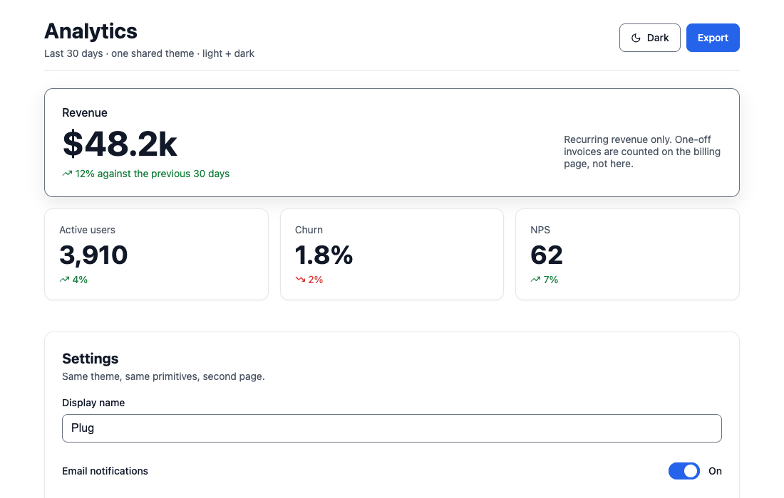 Reference app: analytics screen with one hero metric and a settings page