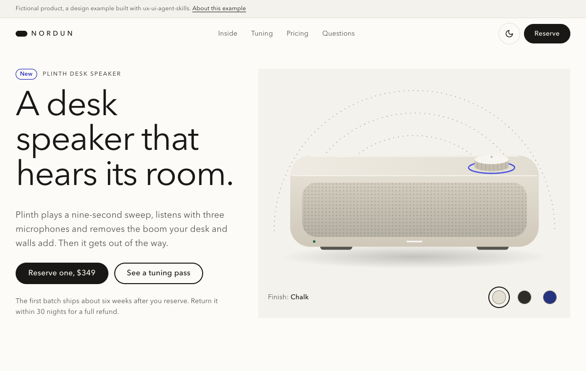 Product launch page for a fictional desk speaker, a large light headline beside a drawing of the speaker