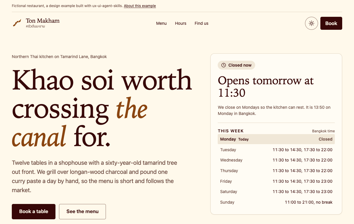 Restaurant site with a large serif headline about khao soi and a card showing today's opening hours