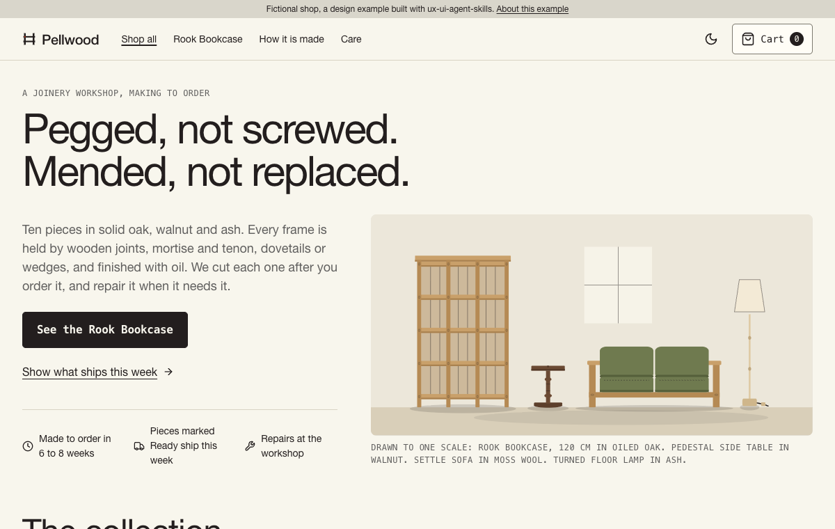 Online shop for a joinery workshop: a lead bookcase tile, filters and a grid of solid-wood pieces