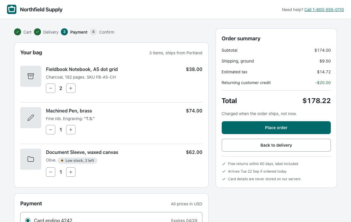 Checkout screen with bag, payment methods and order summary