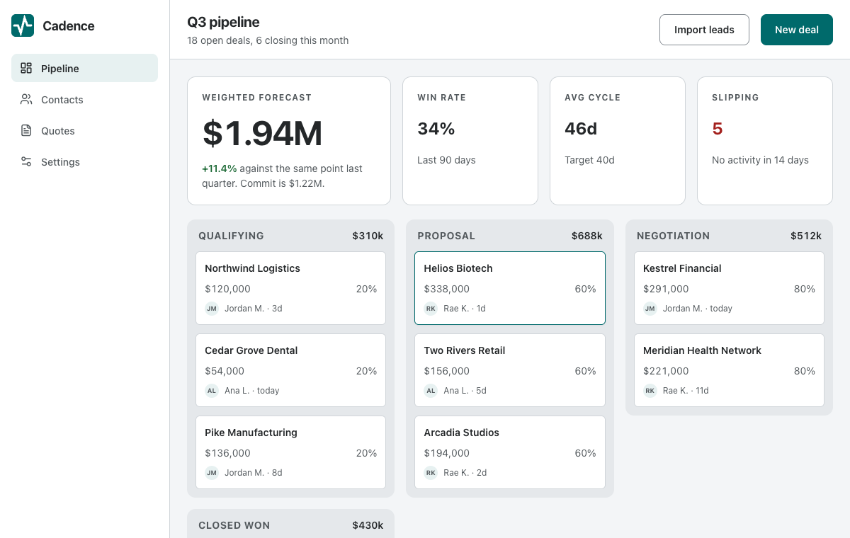 CRM pipeline with stage columns and a deal panel