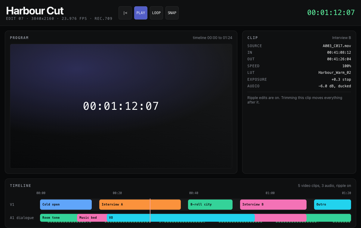 Video editor with a multitrack timeline, an audio waveform and a keyframe curve editor