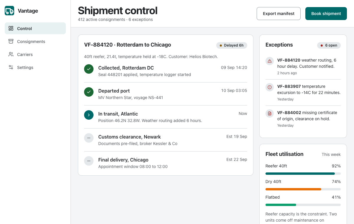 Freight control room with shipment timeline and exception queue
